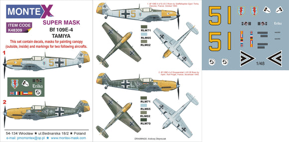 MXK48309 Montex 1/48 Messerschmitt Bf-109E-4 (Tamiya kits) 2 canopy masks (interior and exterior canopy masks) + insignia and markings