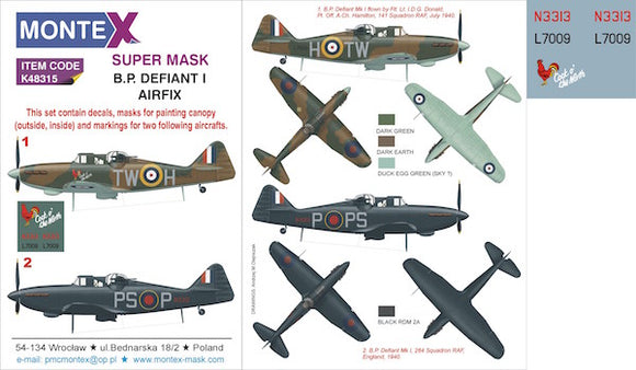 MXK48315 Montex 1/48 Boulton-Paul Defiant Mk.I (Airfix kits) 2 canopy mask (interior and exterior canopy frame mask) insignia and markings masks + decals