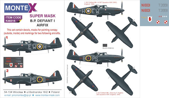 MXK48316 Montex 1/48 Boulton-Paul Defiant Mk.I  (Airfix kits) 2 canopy mask (interior and exterior canopy frame mask) insignia and markings masks + decals