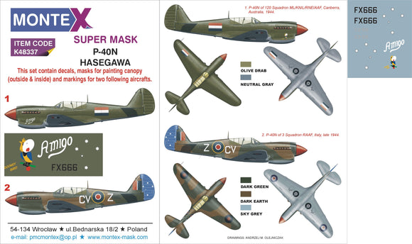 MXK48337 Montex 1/48 Curtiss P-40N Warhawk 2 canopy mask (interior and exterior canopy frame mask) + insignia and markings masks + decals (Hasegawa kits)