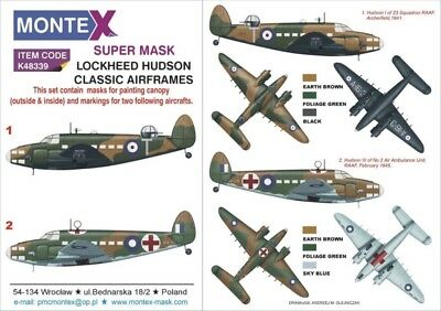 MXK48339 Montex 1/48 Lockheed Hudson .2 canopy mask (interior and exterior canopy frame mask) insignia and markings masks Classic airframes)