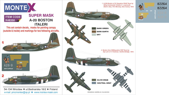 MXK48350 Montex 1/48 Douglas A-20B Boston 2 canopy mask (interior and exterior canopy frame mask) insignia and markings masks + decals (designed to be used with Italeri kits)