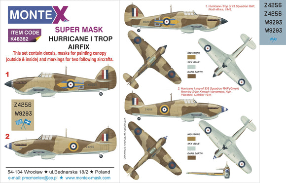 MXK48362 Montex 1/48 Hawker Hurricane Mk.I Tropical version 2 canopy mask (interior and exterior canopy frame mask) insignia and markings masks + decals (Airfix kits)
