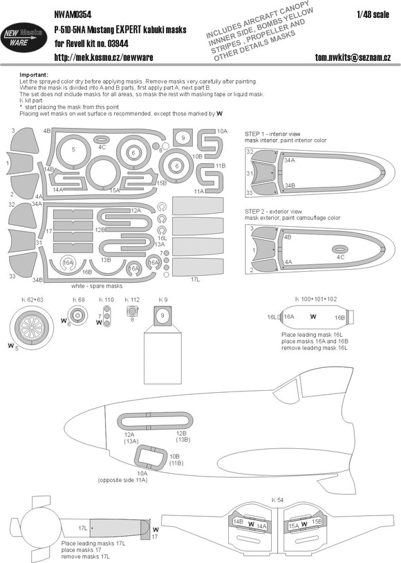 NWAM0354 New Ware 1/32 North-American P-51D-5NA Mustang EXPERT kabuki masks aircraft canopy including inner side masks, clear parts, wheels, propeller, camouflage details