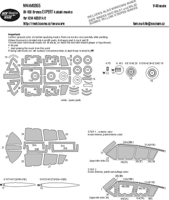 NWAM0955 1/48 North-American/Rockwell OV-10D Bronco EXPERT kabuki masks all windows including inner side masks, other clear parts, wheels, yellow stripes on bombs (designed to be used with ICM kits)