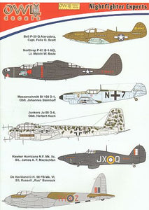 OWL72014 Owl 1/72 Nightfighters. Bell P-39Q Airacobra; Northrop P-61B Black Widow; Messerschmitt Bf-109D-1; Junkers Ju-88G-6; Hawker Hurricane Mk.IIC; de Havilland Mosquito Mk.VI
