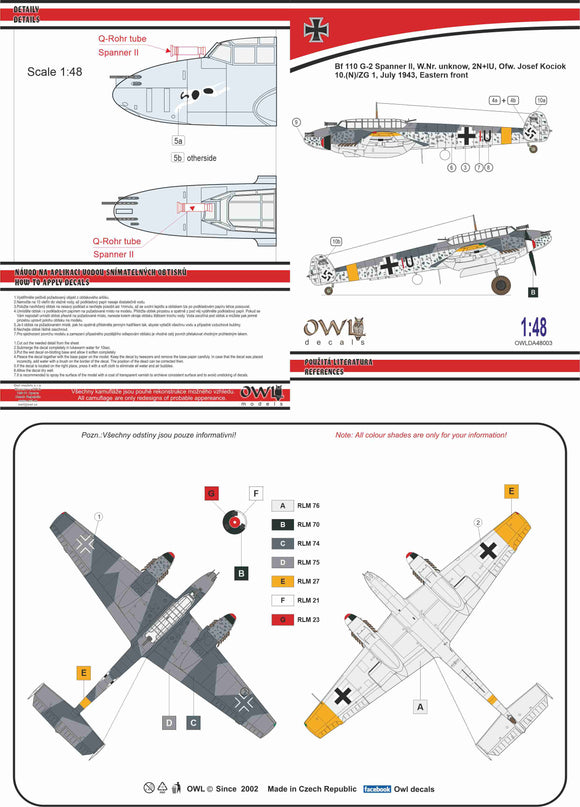OWLDA48003 Owl 1/48 Messerschmitt Bf-110G-2 (Kociok) 2N+IU, 10.(N)/ZG 1 Spanner II Anlage