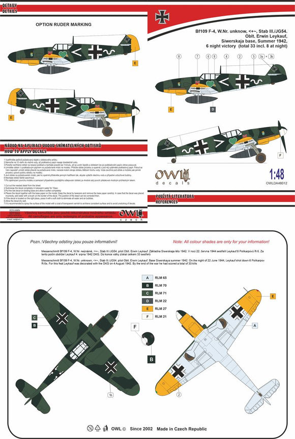 Owl OWLDA48012 1/48 Messerschmitt Bf-109F-4 (E. Leykauf) Stab. III/JG 54