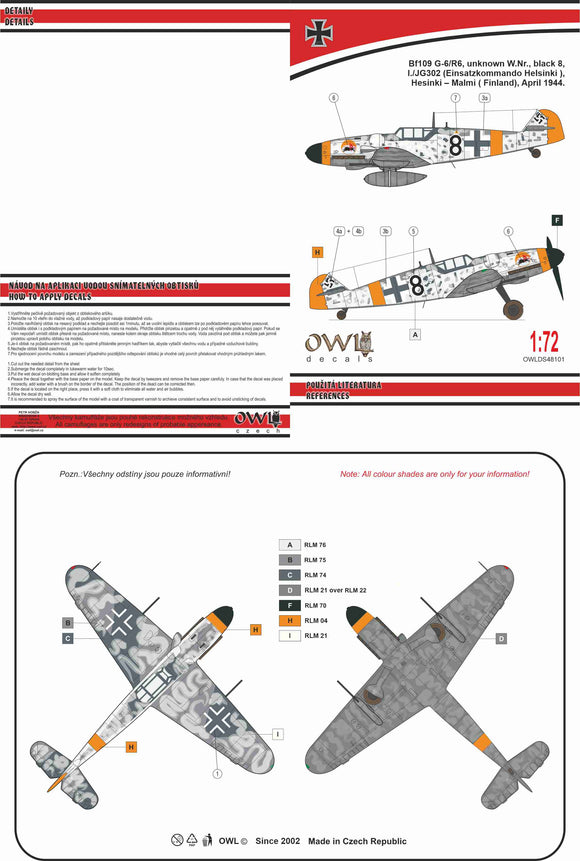 OWLDS72101 Owl 1/72 Messerschmitt Bf-109G-6 Black 8 (JG 302)