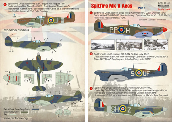 PSL48122 Print Scale 1/48 Supermarine Spitfire Mk.VB/Mk.VC Aces Part-1