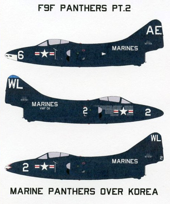 SFD72146 Starfighter Decals 1/72 Grumman F9F-2/2B Panthers Pt.2 Marines over Korea. Markings for 3 USMC F9F-2/2B Panthers. 2 aircraft from VMF-311 and an aircraft from VMF 115. National Insignia Are needed from the kit.