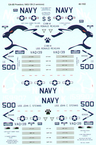SS481102 Superscale 1/48 Grumman EA-6B Prowlers (2) 159907 NK/500 VAQ-139 Cougars. 2 versions USS John C. Stennis Black fin or USS Ronald Reaga