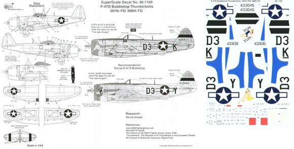 SS481169 Superscale 1/48 Republic P-47D Thunderbolt 'Bubble top' Thunderbolts 397FS/368FG 9th Air Force (2) 44-33136 D3-K 1st Lt C.Price `The Jabo Angels'; 44-33045 D3-Y `Yum Yum' overall natural metal
