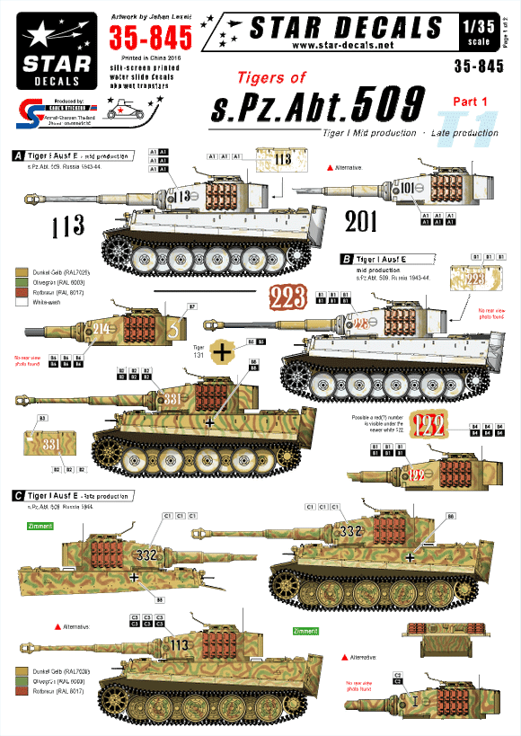 35845 Star Decals 1/35 Tigers of schwere Pz. Abt 509 on the eastern front