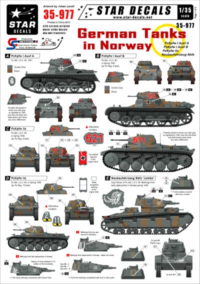 35977 Star Decals 1/35 German Tanks in Norway; Pz.Abt. z.b.V. 40 in Norway 1940 Pz.Kpfw.I Ausf.A, Pz.Kpfw.I Ausf.B, Pz.Kpfw.II Ausf.C Neubaufahrzeug Nbfz.