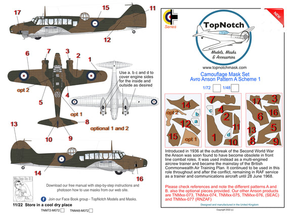 TopNotch TNM48-M072 1/48 Avro Anson Mk.I Pattern A Scheme 1 camouflage pattern paint masks (designed to be used with Airfix and Special Hobby kits)