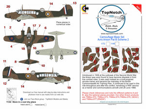 TopNotch TNM48-M075 1/48 Avro Anson Mk.I Pattern B Scheme 2 camouflage pattern paint masks (designed to be used with Airfix and Special Hobby kits)