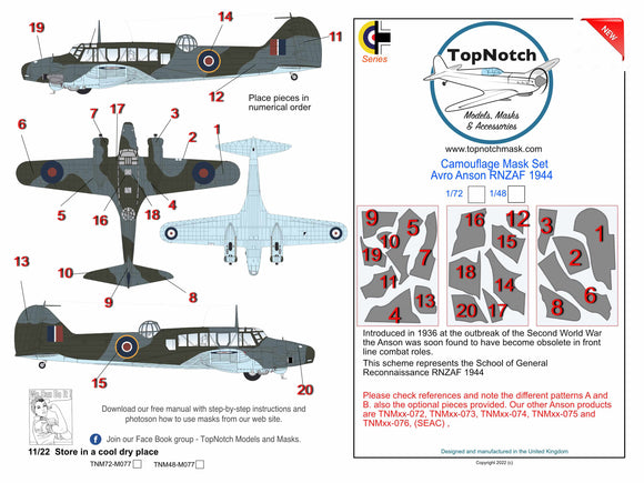 TopNotch TNM48-M077 1/48 Avro Anson Mk.I Pattern A RNZAF camouflage pattern paint masks (designed to be used with Airfix and Special Hobby kits)