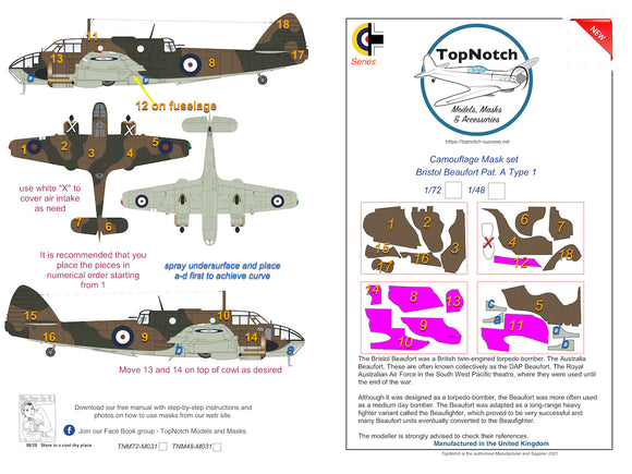 TNM72-M031 TopNotch 1/72 RAF Bristol Beaufort Mk.I Pat. A Type 1 camouflage pattern paint masks (Airfix kits)