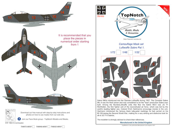 TNM72-M067 TopNotch 1/72 Luftwaffe North-American Sabre Pattern 1 camouflage pattern paint mask