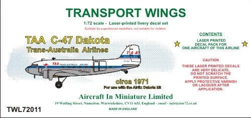 TWL72011 AIM - Transport Wings 1/72 Trans-Australia Airlines (TAA) C-47 Dakota (circa 1960) decal set.