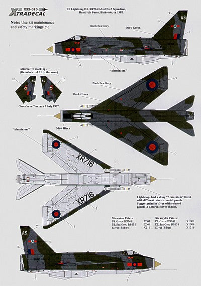 X32010 Xtradecal 1/32 BAC/EE Lightning F.3 XR716/AS 5 Sqn RAF Binbrook 1982 Green/Grey camouflage