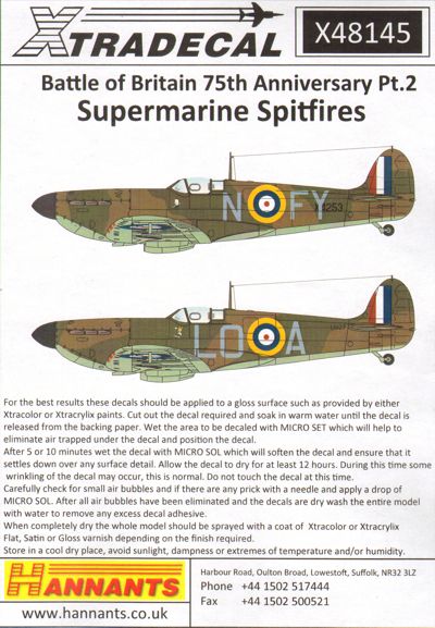 X48145 Xtradecal 1/48 Supermarine Spitfire Mk.Ia/Mk.1 /Mk.1 Battle of Britain 1940 Pt.2
