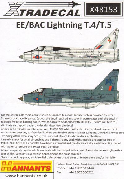 X48153 Xtradecal 1/48 BAC/EE Lightning T.4/T.5 (6) T.4