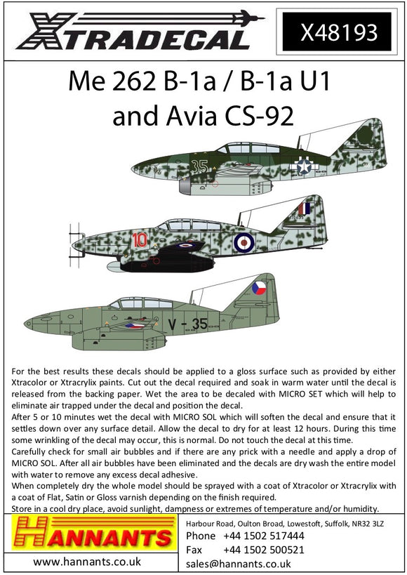 X48193 Xtradecal 1/48 ME 262 B-1a U1 And Avia CS-92