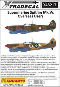 X48217 Xtradecal 1/48 Description:Supermarine Spitfire Mk.Vc Overseas Users (6)