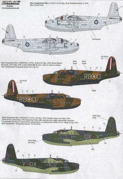 X72163 Xtradecal 1/72 Short Sunderland Mk.I (3) L2163/C 210 Sqn Pembroke Dock 1938; N9050 RB-D 10(RAAF) Sqn RAF Mount Batten, Plymouth 1940; N9029 DX-V 230 Sqn RAF Aboukir, Egypt 1942. Alternative camouflage schemes to those in kit.