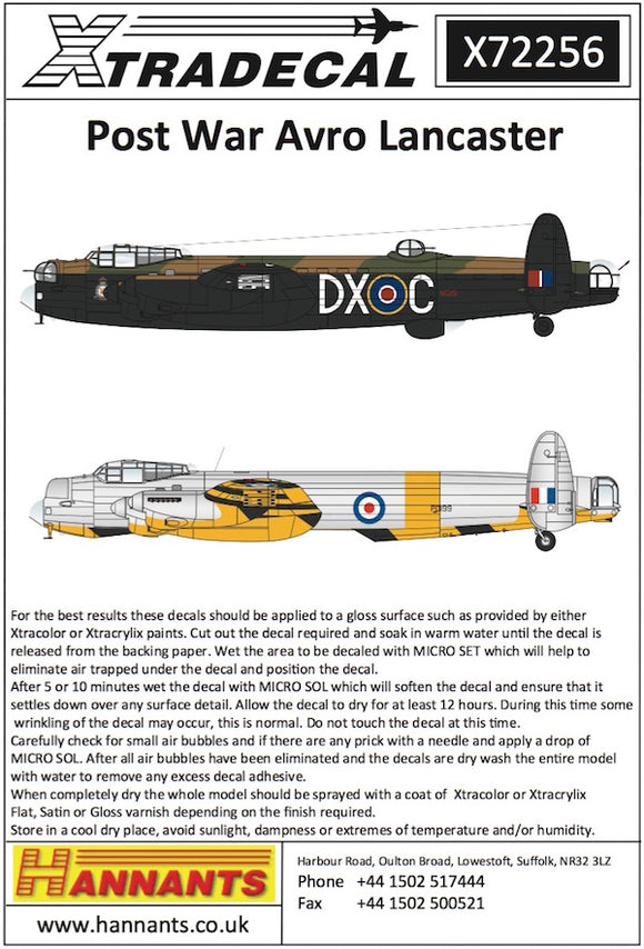 X72256 Xtradecal 1/72 Post War Avro Lancaster 1946 - 1950 (8) Looking for a change from Dk Green/Earth and Black aircraft then look no further