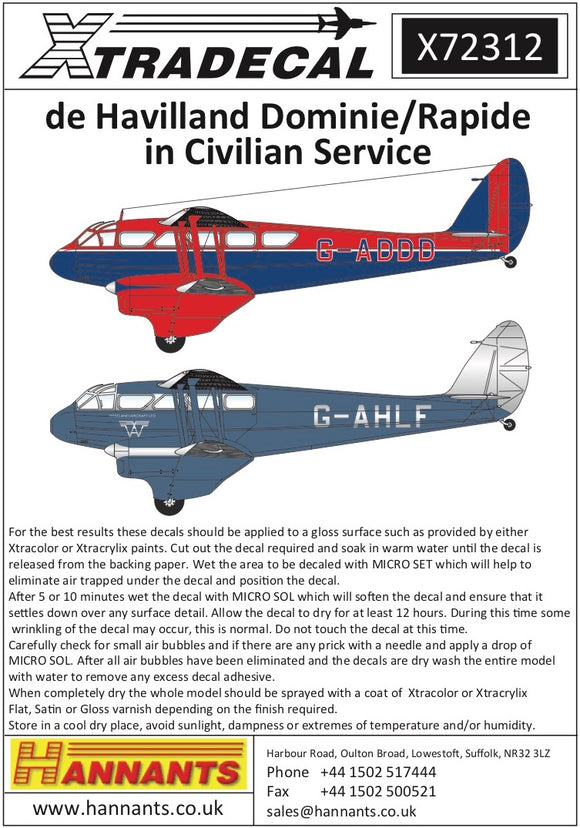 X72312 Xtradecal 1/72 de Havilland Rapide in Civilian Service (6)