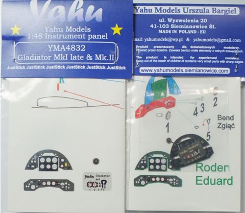 YMA4832 Yahu 1/48 Gloster Gladiator Mk.II Photoetched instrument panels. Coloured. Ready to fit in a model (JustStick) (Lindberg and Roden kits)